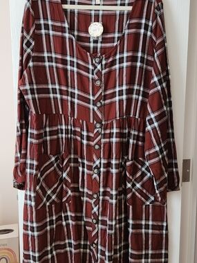 Oddy 3XL Rust Plaid Button-Front Dress with Pockets